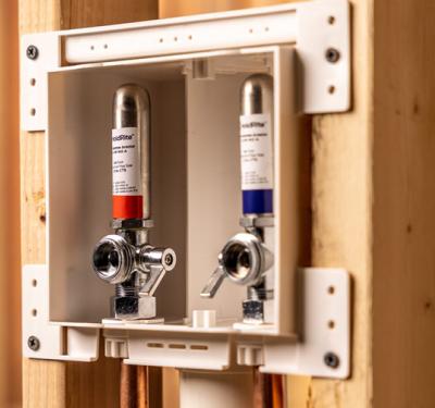 HoldRite washing machine outlet box with water hammer arrestor and fire-rated options