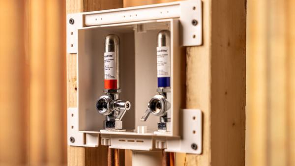 HoldRite washing machine outlet box with water hammer arrestor and fire-rated options